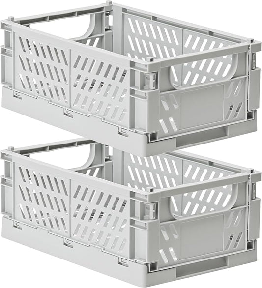 HUUSMOT 2-Pack Small Pastel Plastic Storage Baskets, Collapsible Crates for Organizing, Space-Saving Mini Bins for Classroom, Kitchen, Office, Bedroom (Grey, 9.8" x 6.5" x 3.8")