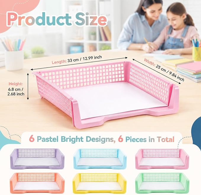 Set of 6 Pastel Turn in Trays for Teachers Stackable Classroom Paper Letter Trays Plastic Classroom Desk Letter Organizer Tray Storage Baskets for Library, Drawers, Office, Home