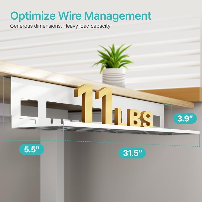 PEGZONE Under Desk Cable Management Tray, 31.5 Inches Metal Cord Organizer Rack, Desk Tray for Power Strip, Cord, Wire, Easy Mounting Cable Management Under Table for Home Office, White
