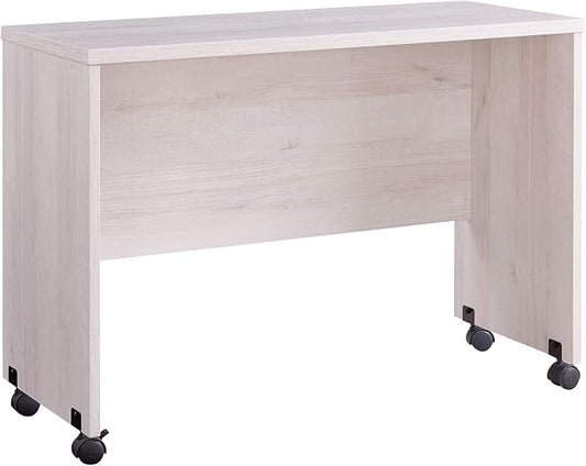 Benjara Rectangular Wooden Desk Return with Casters and Grain Details- White Oak