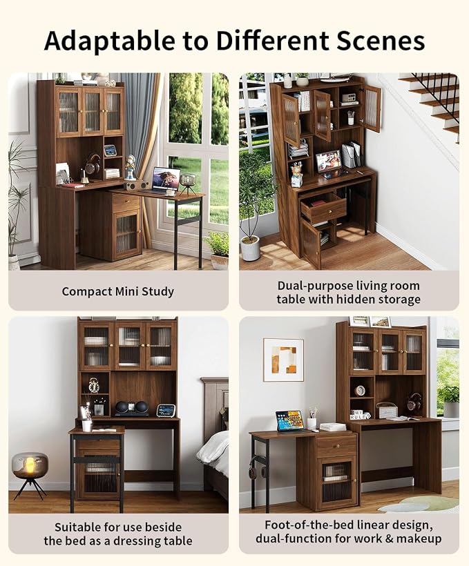 Computer Desk with Hutch and Rotating Desktop, Walnut Corner Study Desk with Glass Door Storage Cabinets and Fold Out Shelf for Home Office, Craft Cabinet with Fold Out Table (Walnut)