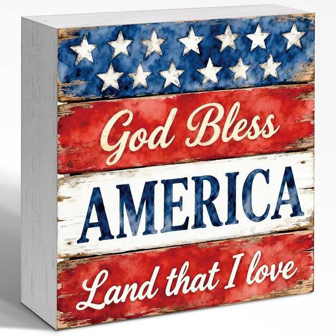 Patriotic Wooden Box Sign,God Bless America 4th Of July Signs Home Decor,Independence Memorial Day Block Sign for Desk Shelf Tabletop Decor