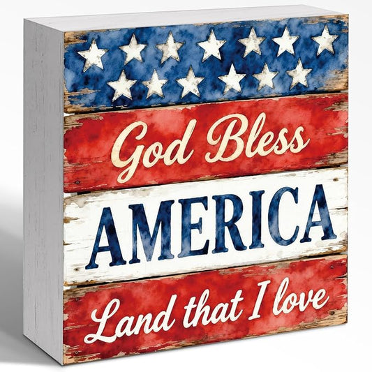 Patriotic Wooden Box Sign,God Bless America 4th Of July Signs Home Decor,Independence Memorial Day Block Sign for Desk Shelf Tabletop Decor