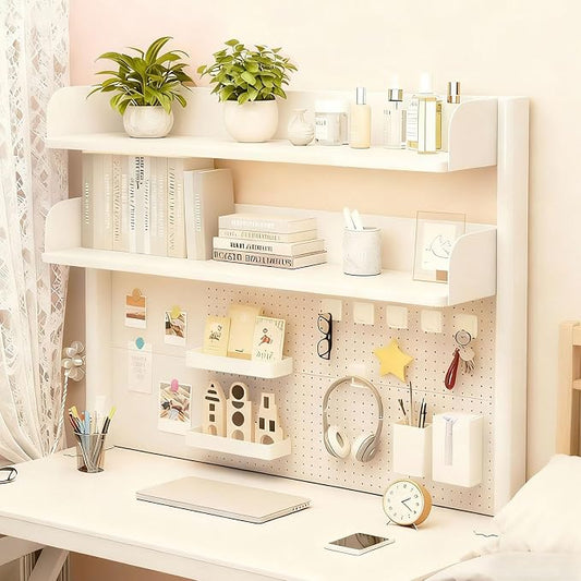 Clamp On Desk Shelf Organizer with Pegboard Desk Hutch Dorm with Storage Bookshelf Desk Top Organizer Shelf Multi-Purpose White & Black Desktop Shelves & Office Shelves(White, W - 39.4")