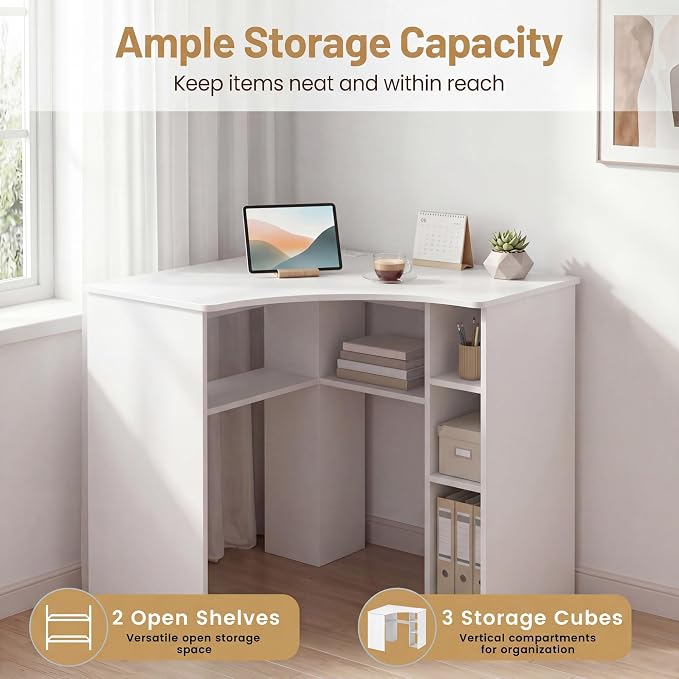 Giantex White Corner Desk, Triangle Computer Desk with Charging Station, Open Storage Shelves and Curved Edge, Space Saving Writing & Makeup Vanity Desk for Small Spaces, Home Office, Bedroom