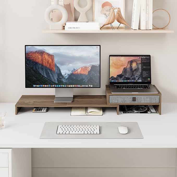 Fenge Computer Monitor Riser Stand with Drawer for 2 or 3 Monitors ,Adjustable Length and Angle Desktop Laptop Stand,Office Organizer,Printer