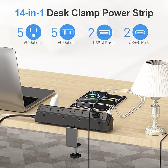 BEVA Desk Clamp Power Strip 6FT, Desk Edge Mount Extension Cord with 10 Outlets, 20W Fast Charging Station, PD 20W USB C Ports, Fit 1.96" Tabletop Edge, Etl List