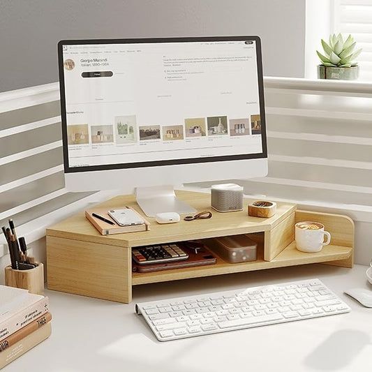 Kunovo Corner Monitor Stand with Double Storage Space, Ergonomic Triangle Desktop Corner Shelf, Save Space Desk Organizer Shelf for Office/Home (Color : Oak)