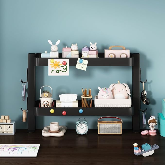 Clamp-On Desk Shelf Organizer, Adjustable 2-Tier Metal Desk Side Storage Rack with 4 Hooks, Space-Saving Desktop Caddy for Home Office, Stationery & Office Supplies (Black)