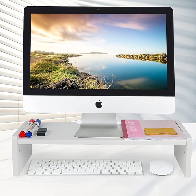 KINLINK Solid Wood Monitor Stand Riser, Monitor Riser with 2 Adjustable Height, 15.8 inch Computer Riser for Computer, iMac, PC, Printer, Computer Monitor Stand for Home & Office, White