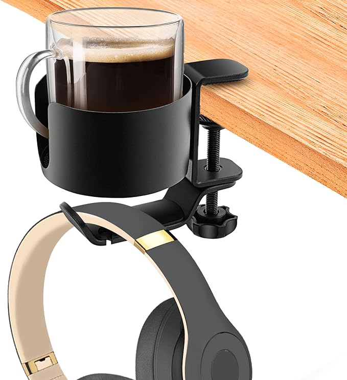 OOKUU 2 in 1 Desk Cup Holder with Headphone Hanger, Anti-Spill Cup Holder for Desk or Table, Easy to Install, Sturdy and Durable, Enough to Hold Coffee Mups, Water Bottles, Headphones