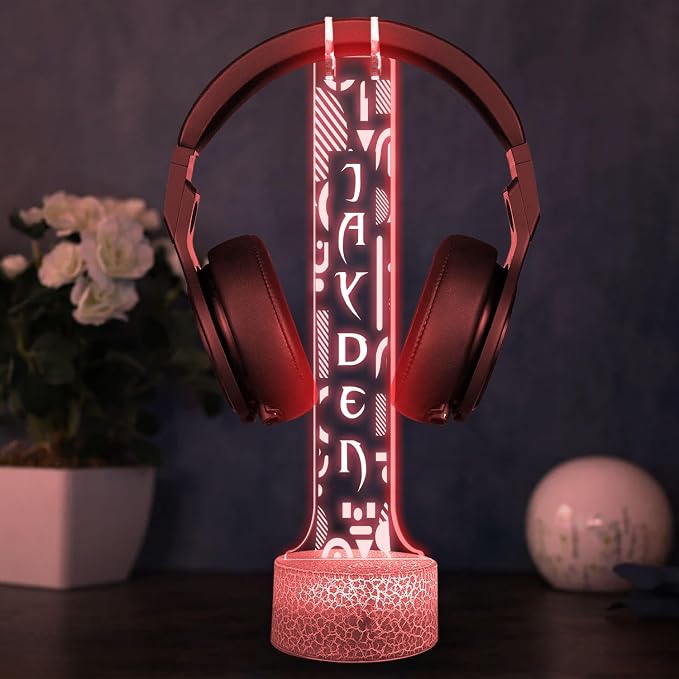 Custom Gamer Headphone Holder with RGB LED Lights, Personalized Name Headset Stand, Valentine Gift for Boyfriend Girlfriend, Gift for Him Her, Game Room Decoration