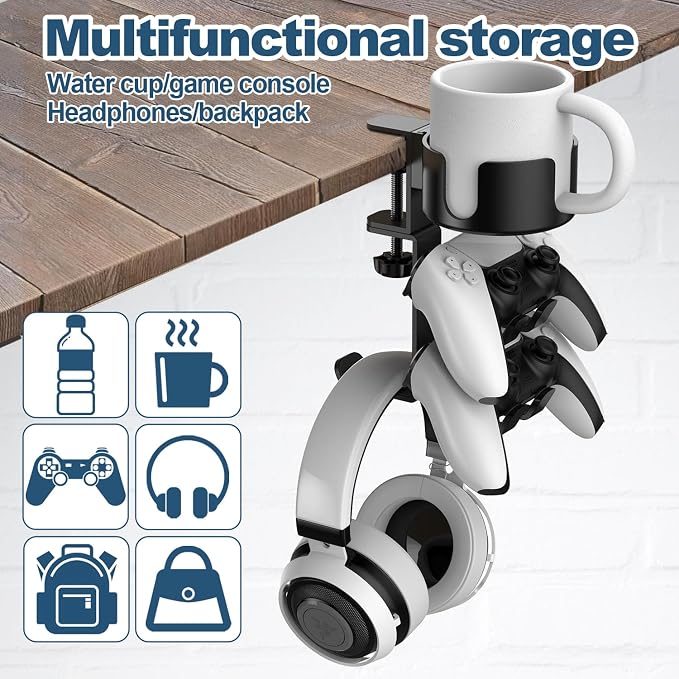4 in 1 Desk Cup Holder with Headphone Hanger and Controller Stand Gaming Accessories, Universal Adjustable & Rotating Upgraded Arm Clamp for Coffee Mugs, Water Bottles, Headphones, Controller.