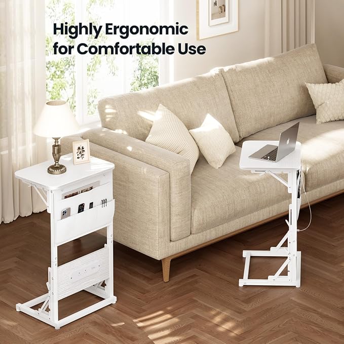 HLDIRECT C Shaped End Table with Charging Station, Couch Side Table with Storage Bag, Foldable TV Tray with 2 USB Ports and Outlets for Living Room, Bedroom, White