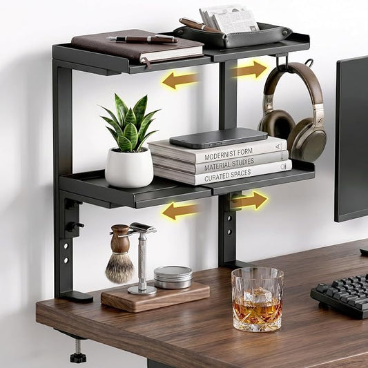 ENCIMART Expandable Clamp on Desk Shelf, 2 Tier Adjustable Desktop Shelves Organizer, Above or Under Heavy Duty Desk Storage with Headphone Holder for Working and Gaming Desk Accessories (Black)
