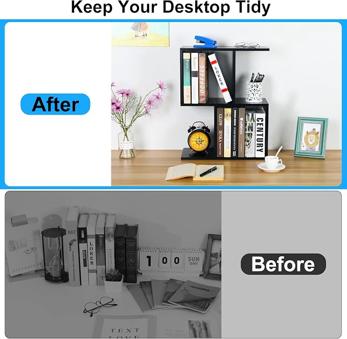 TQVAI 2-Tier Desktop Bookshelf, Freestanding Multipurpose Wood Desk Top Organizer for Books, Office Supplies, Plants, Photo Frames, Small Open Storage Shelves for Office Home Dorm, Black