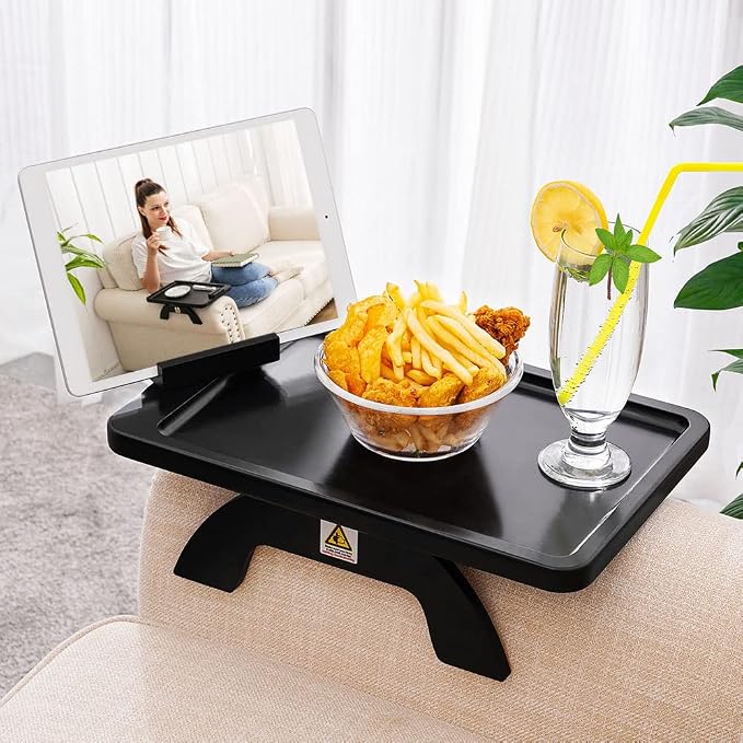 SINWANT Couch Arm Table, Bamboo Sofa Clip On Side Table Tray,Foldable Sofa Arm Tray with 360° Phone Holder for Eating Drinking Snacks Remote on Couch Armrest