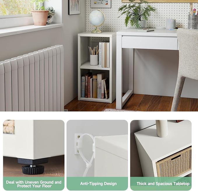IRONMIX Metal 2 Cube Storage Organizer, Short White Bookshelf with Storage Cabinet, Narrow Nightstand, Modern Cube Storage Shelf Slim Bedside Table for Small Places, Living Room, 15 min Assembly