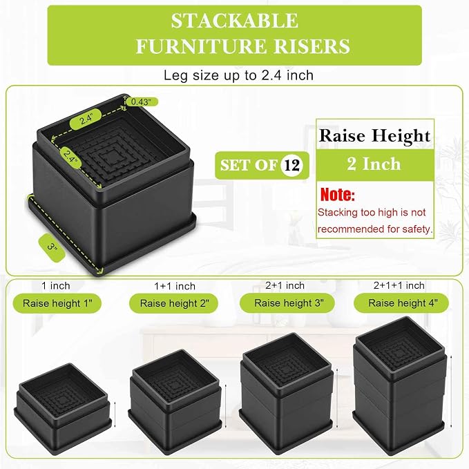 12 Pack Furniture Risers 2 or 4 Inch, Adjustable Bed Risers Heavy Duty for Table Desk Couch Chair Sofa Cabinet Bed Frame Dorm, Square Stackable Table Leg Risers Lift Height 2" or 4", Black