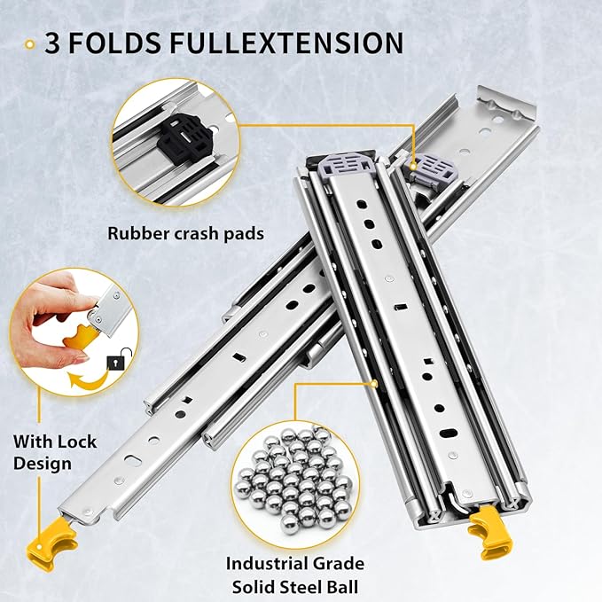 YENUO Heavy Duty Drawer Slides with Lock 12 14 16 18 20 22 24 26 28 30 32 34 36 38 40 44 48 52 56 60 Inch Full Extension Side Mount Ball Bearing Locking Rails Track Glides Runners Load 500 Lbs 1 Pair
