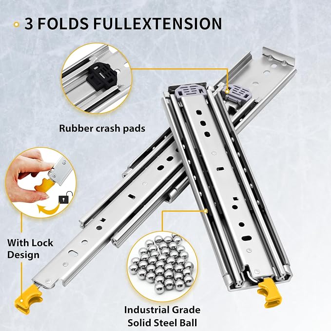 YENUO Heavy Duty Drawer Slides with Lock 12 14 16 18 20 22 24 26 28 30 32 34 36 38 40 44 48 52 56 60 Inch Full Extension Side Mount Ball Bearing Locking Rails Track Glides Runners Load 200 Lbs 1 Pair