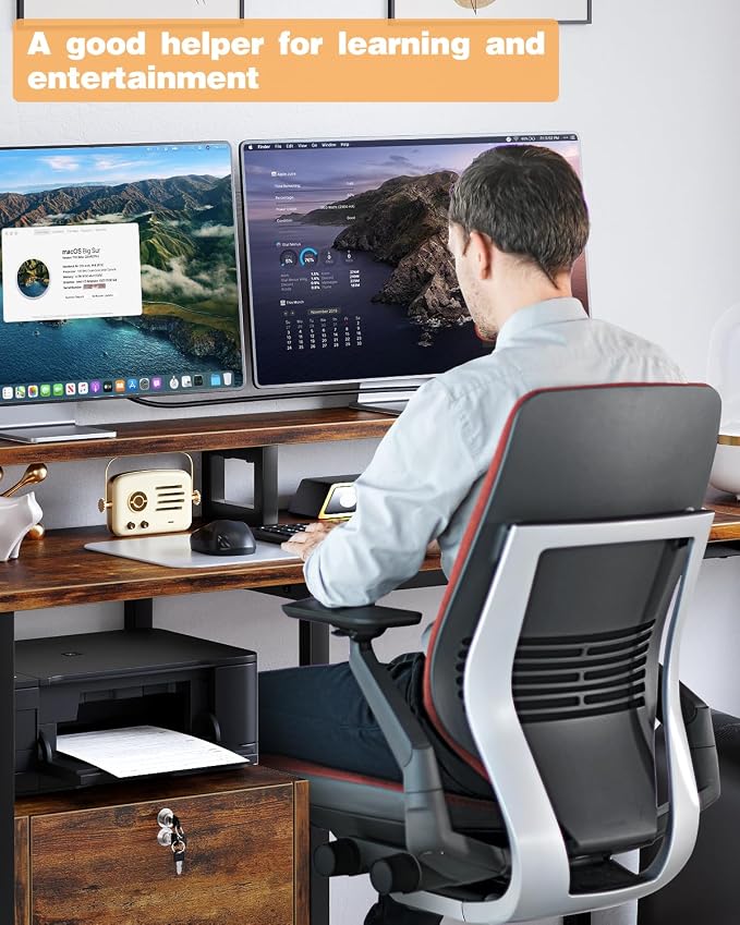 IDEALHOUSE Corner L-Shaped Computer Desk, Built-in Power Outlet & File Storage Drawer, with Monitor Shelf, Printer Storage, Mobile CPU Stand, for Home Office and Ergonomic Gaming Setup, Vintage Brown