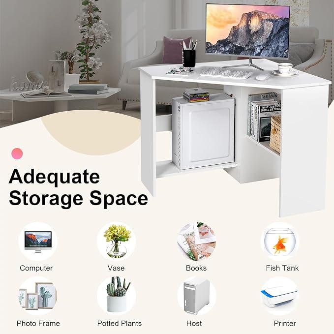 SlickBlue Corner Computer Desk with Triangle Design and Storage Shelf for Space-Saving