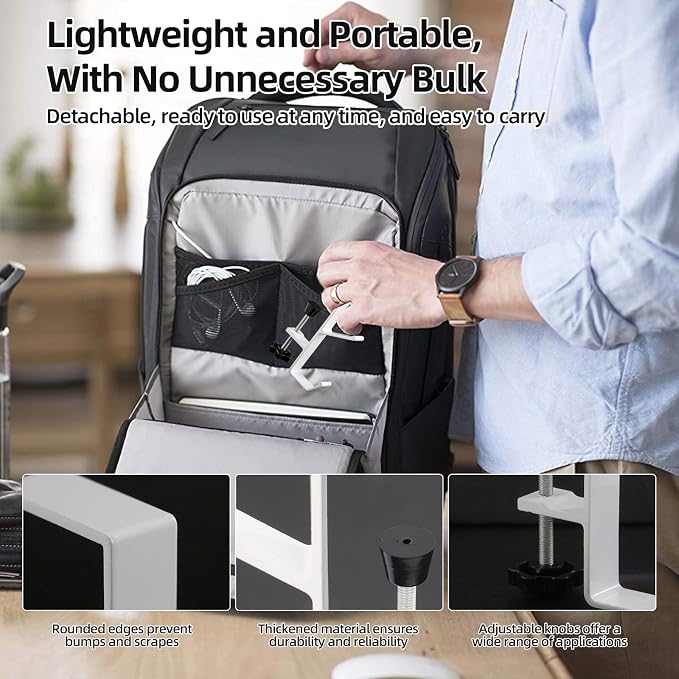 Desk Mount Bag Holder Hook Clamp,On Backpack Hanger Portable Desk Mount Headphones Holder for Reduce Desk Clutter Table Desk Table Hanging Storage (2 Pcs-Double Hook White)