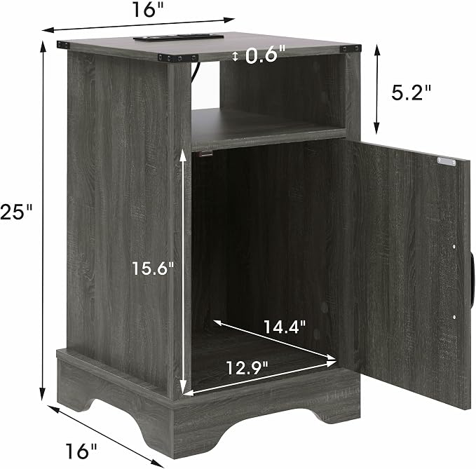 RoyalCraft 25" Tall Farmhouse Nightstand with Charging Station, Grey End Table with Storage, Large Wooden Rustic Bedside Table for Bedroom, Dark Grey