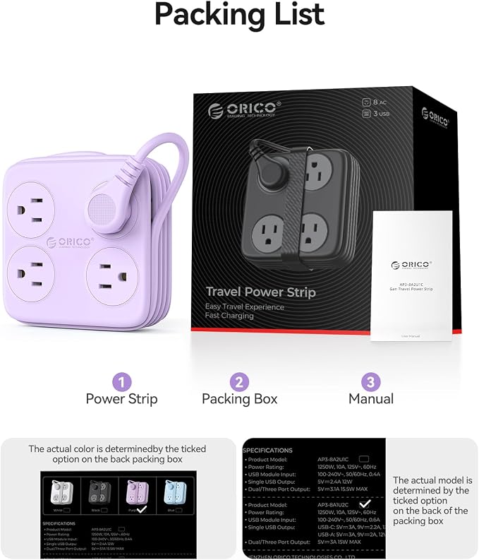 5 Ft Extension Cord with 3 USB Ports, ORICO Power Strip for Desktop, 4 Side Outlet Extender(8 AC) & Flat Plug, 11 in 1 Charging Station for Home/Office/Dorm - AP3 PRO