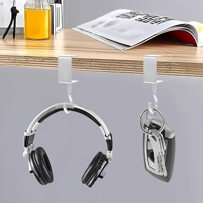 cobee Clamp-On Under Desk Hooks, Desk Mount Hanging Bag Holder Metal Hook Adjustable Headphones Clamp Organizer Portable Purse Hanger Clip Reduce Desk Clutter Table Desk Under Counter (8 Pcs, Silver)