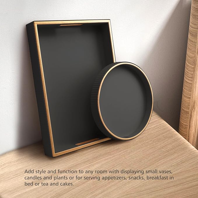 SANZIE Leather Tray Desktop Storage Organizer Premium Serving Tray Decorative Trays Valet Trays for Sundries Cosmetics Phone Wallet Cutlery (Black Holder with Disc)
