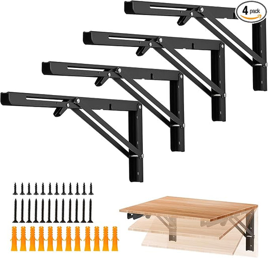 Ravinte 4 Pack 16 Inch Folding Shelf Brackets – Matte Black, Heavy Duty Collapsible Brackets for Tables and Benches – Space-Saving Design