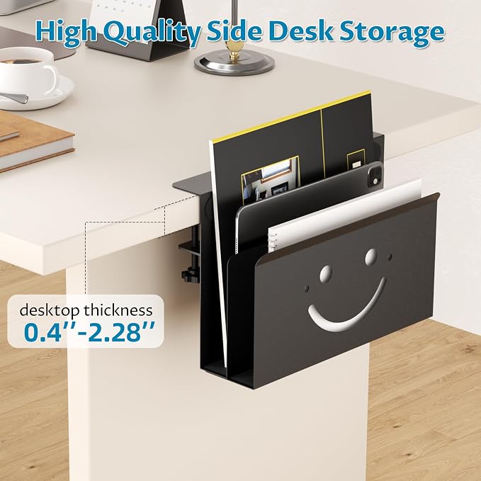 Onemake 2 Tier Desk Side Storage, Funny Smile Clamp on Desk Shelf with Magnetic Pen Holder, Hanging Desk Organizer for Home Office, Fits Flat Edge Tables 0.4" to 2.3"