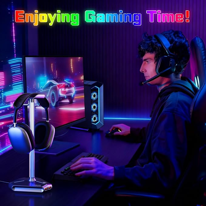 RGB Headphone Stand with 2 USB2.0 Extension Charging Port Extender Cord,Headset Stand Holder for Gamer Desktop Table Game Earphone Accessories,PC Gaming Accessories for Gamer,Gifts for Boyfriend（Grey）
