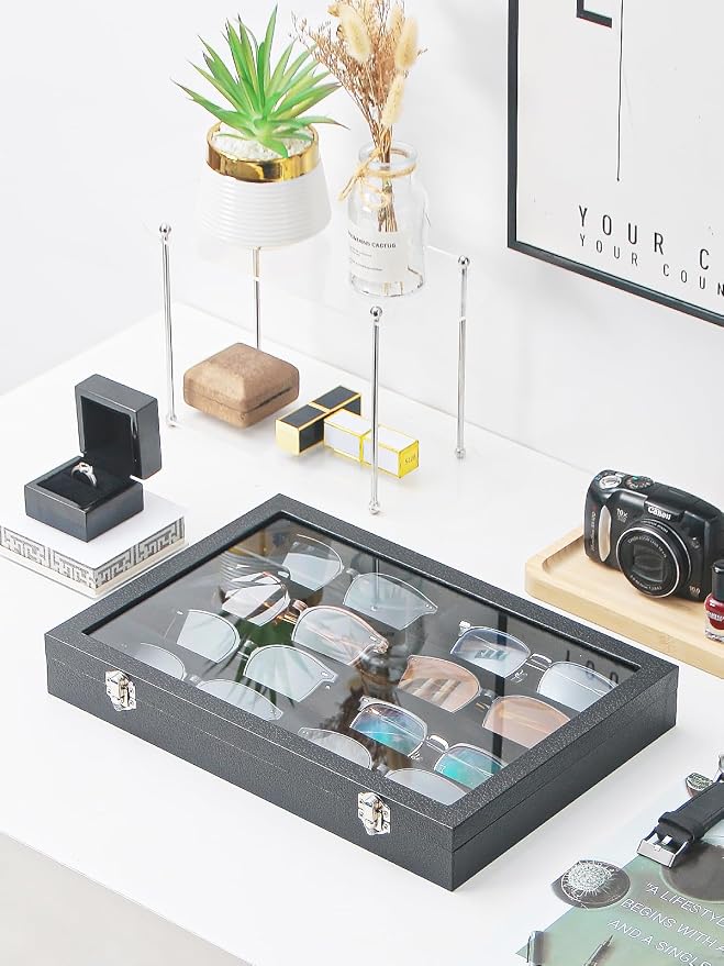 Jewelry Sunglasses Organizer Tray, Black Velvet Eyeglasses Display Tray Box, Glasses Organize Storage Holder for Home Desk or Selling Show Display (with Lid)