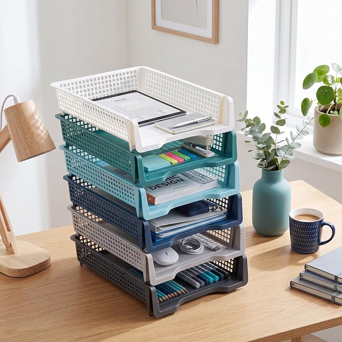 Geetery Set of 6 Plastic Trays for Teachers Turn in Trays Classroom Stackable Paper Tray Plastic Classroom Teachers Desk Letter Organizer Storage Baskets for Office, Desk, Home (Morandi Color)