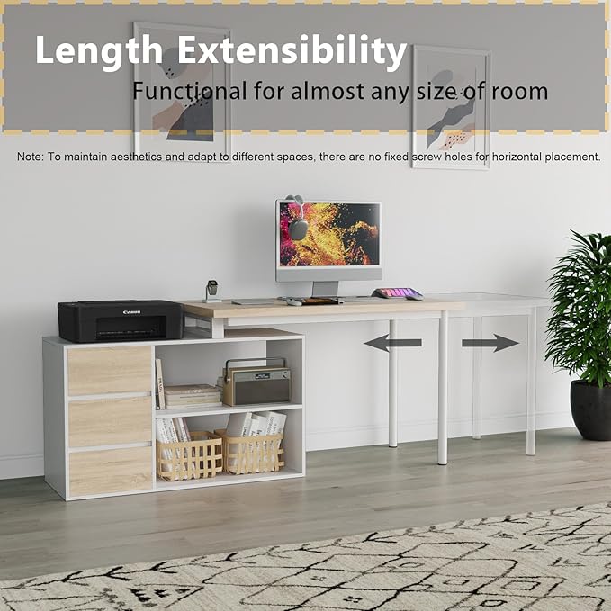 Mekminop L Shape Computer Desk with 3 Drawers and 2 Shelves, Home Office Desk Corner Small Desk with Storage Cabinet for Writing Study Executive – Walnut and White