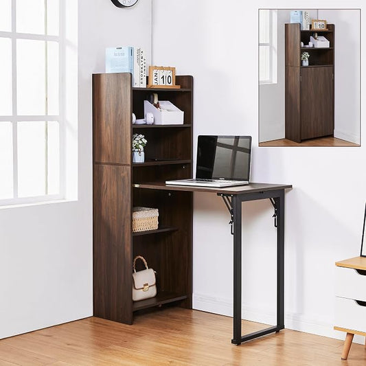 Foldable Desk with Storage,Hidden Desk with Built-in Socket,Fold Out Writing Table for Small Spaces,Home Office and Bedroom (Dark Walnut)