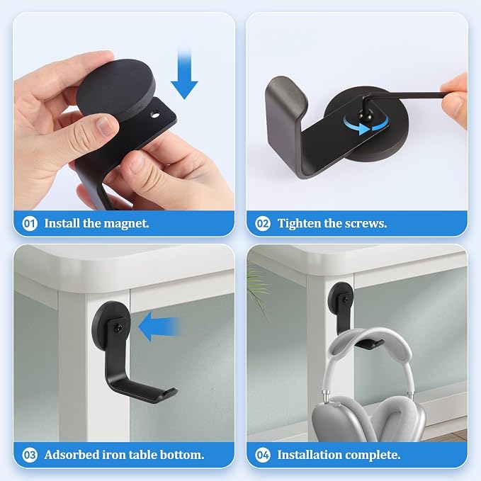 Magnetic Headphone Holder, Aluminum Headset Hooks, Headphone Hanger for Desk & Table, Headphone Mount Stand with Rubber Pad, Compatible with All Computer/Gaming Headsets (Black)
