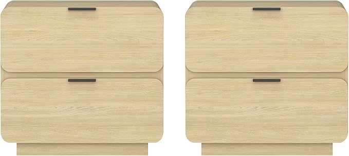 Manhattan Comfort Chrystie Fluted Nightstand 26" Bedside Table with 2 Full Extension Drawers and Metal Handles, Rounded Corners, Wood Grain Finish, Set of 2 for Bedroom or Living Room in Natural