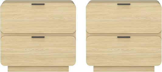 Manhattan Comfort Chrystie Fluted Nightstand 26" Bedside Table with 2 Full Extension Drawers and Metal Handles, Rounded Corners, Wood Grain Finish, Set of 2 for Bedroom or Living Room in Natural