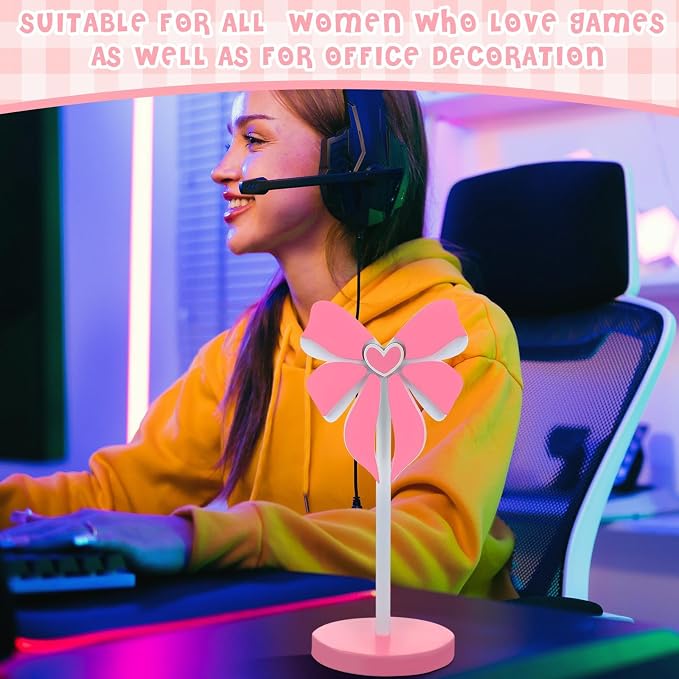 Kingdder Pink Bow Headphone Stand Cute Wood Headphone Stand Adorable Headset Holder Accessories Gamer Gifts for Teenage Women Teacher Girlfriend Office Worker Wife Gamer Room Decor Office Desk