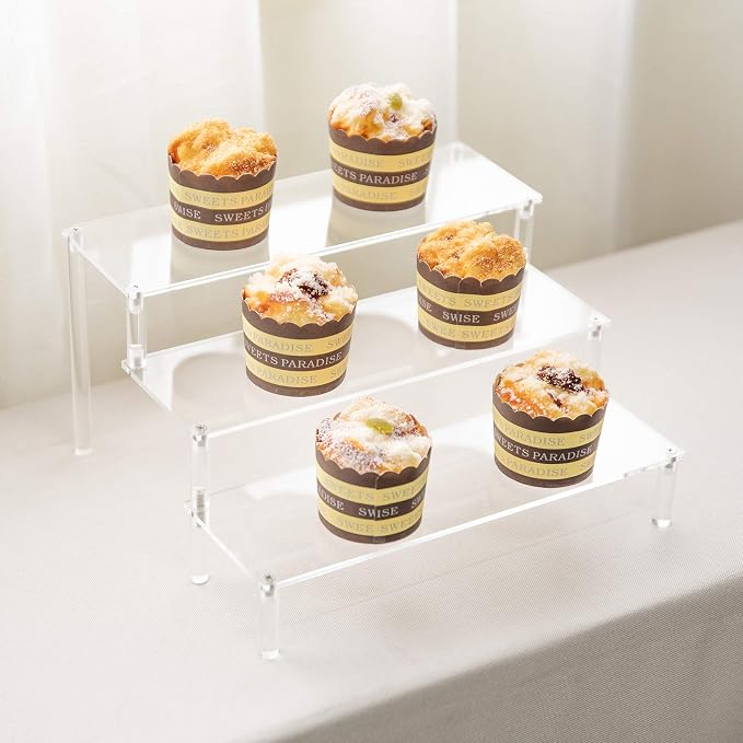 BYCY Acrylic 3-Tier Riser Display Shelf for Figurines, Desserts Holder, Collections Organizer and Cosmetic Items Shelf (3tier-Clear)