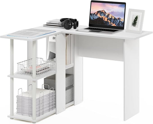 Furinno Abbott L-Shape Desk with Bookshelf, 41.14 (W) x 28.94 (H) x 34.45 (D) inches, White/White