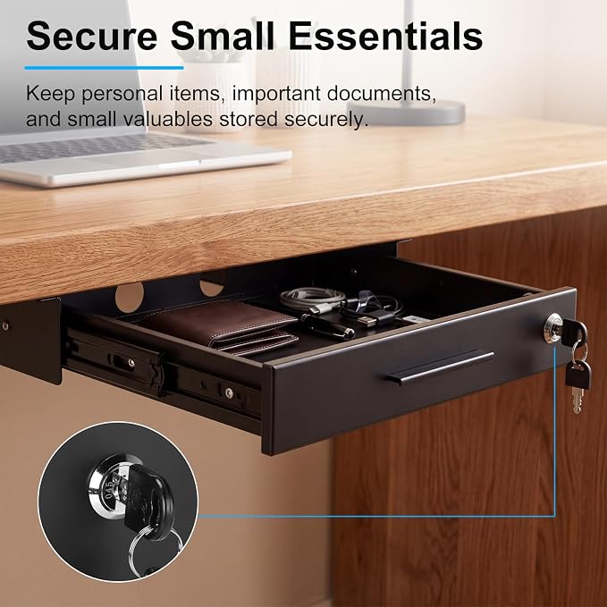 Menkxi 16'' x 12'' Under Desk Drawer Slide Out Storage Organizer, Lockable Metal Desk Drawer for Laptop and Office Accessories, Large Hidden Under Table Storage Box with Cable Management, Black