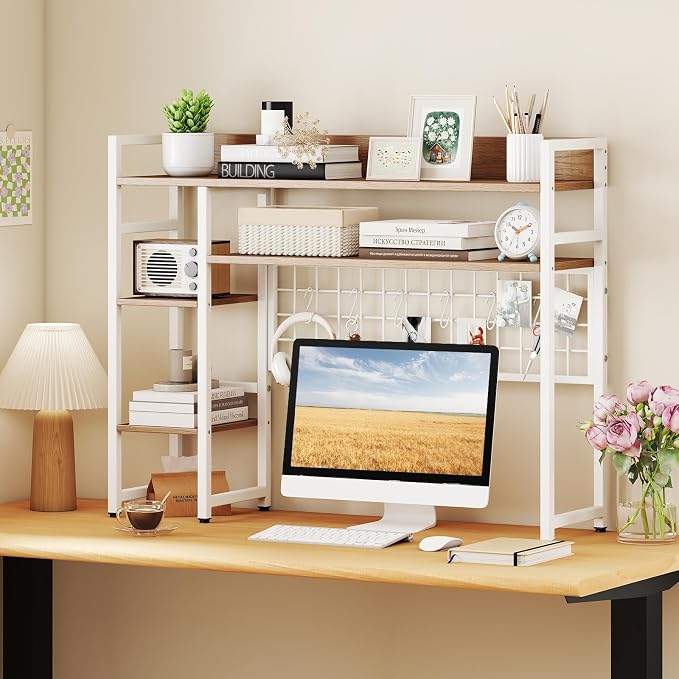 Tangkula Desktop Bookshelf for Computer Monitor Up to 32”, Countertop Storage Hutch with 4 Open Storage Shelves, Grid Panel, Anti-tip Device, 4-Tier Desktop Display Shelves for Home Office (Natural)
