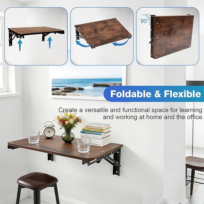 Wooden Folding Shelf Wall Mounted for Small Space, Wall Table for Living Room Bedroom Decor, Home Office Floating Fold Down Desk, Media Shelves with Heavy-Duty Brackets Holds Up to 30lbs, 21.6"*11.8"