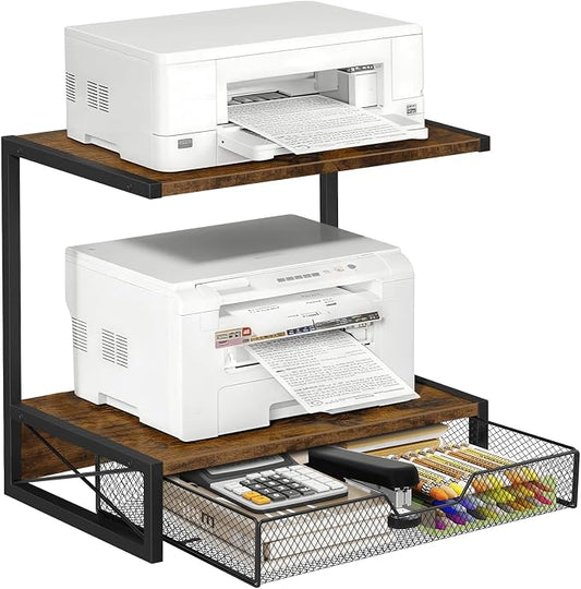 ELITEROO 2-Tier Desktop Printer Stand with Storage Drawer, Wooden Printer Stand for Desk, Small Printer Table with Shelf for Home Office, Fits Fax Machine, Scanner, 3D Printer, Rustic Brown