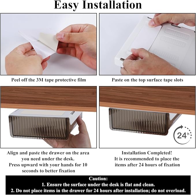 Boxalls Under Desk Storage Drawer, Under Table Slide Out Self-Adhesive Organization, Translucent Black Large